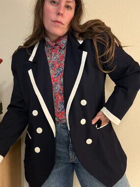 Vintage 90s Andre Barreau Navy Classic Double Breasted Preppy Blazer